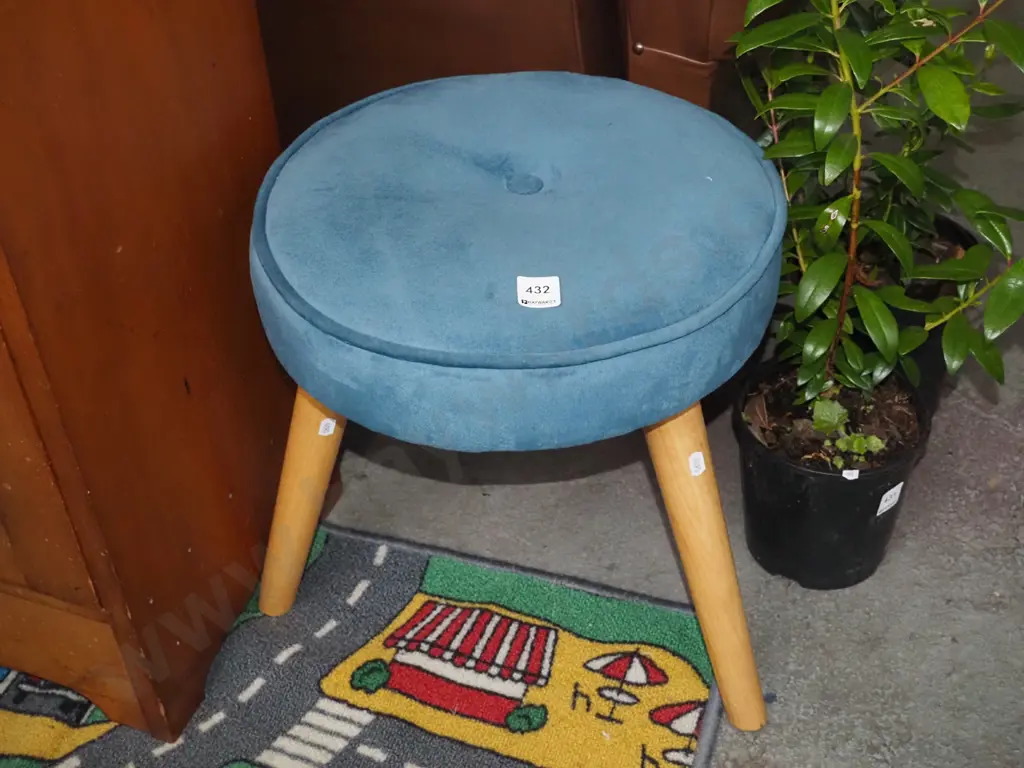 blue upholstered 3 legged stool Image 1++