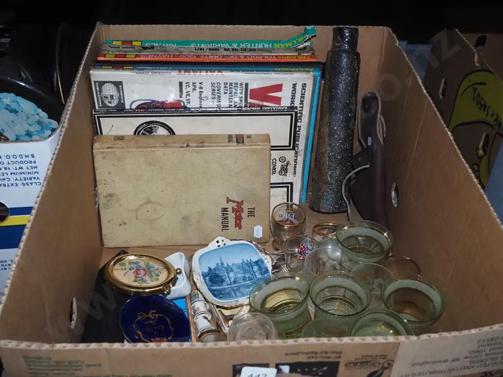 box; automotive manuals, tumblers, thimbles, pottery vase etc Image 1++