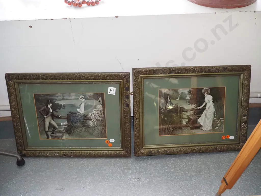 2 ornate framed prints; ladies and gents walk in country - orange dots Image 1++