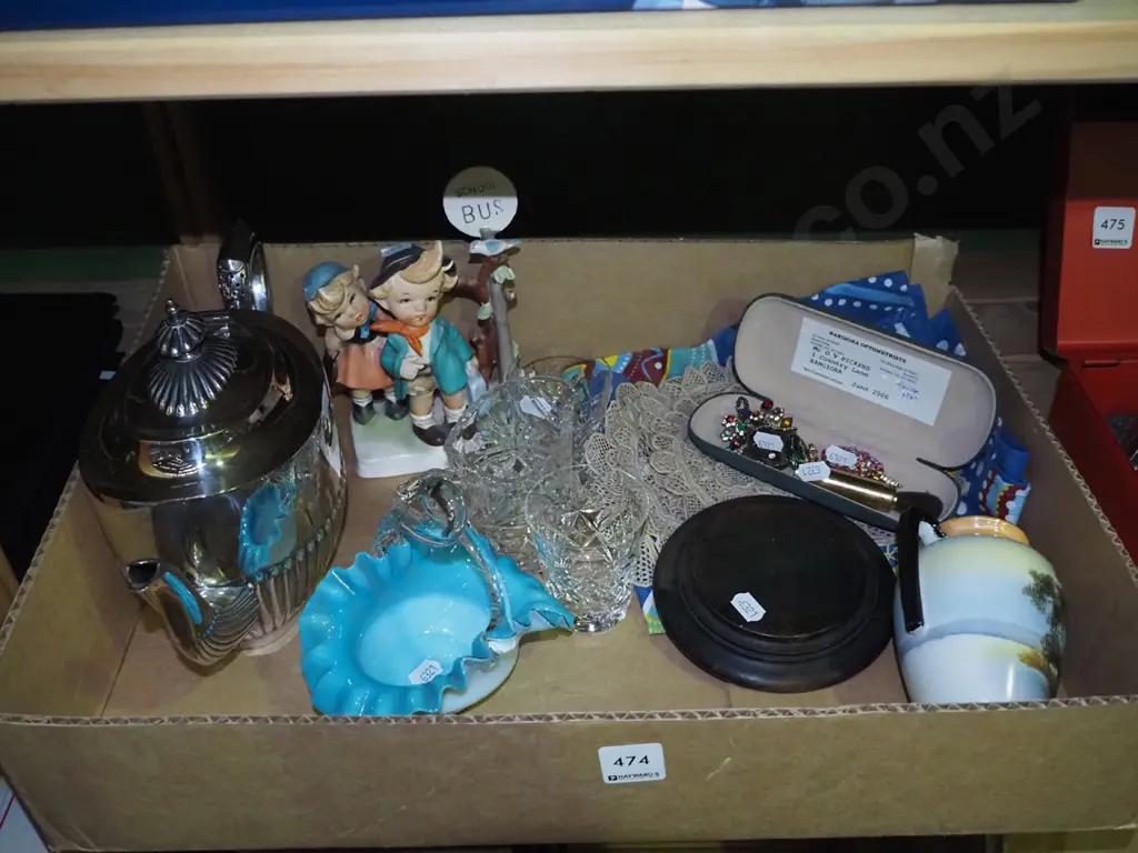 box; figurines, glass basket, plated tea pot, costume brooches etc Image 1++