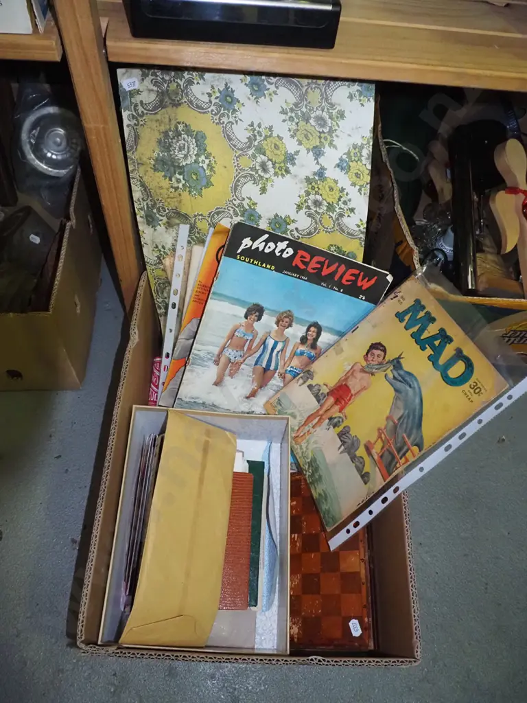 box; retro Mad and Photo Review magazines, sheet music, travel chess,  artbook etc Image 1++