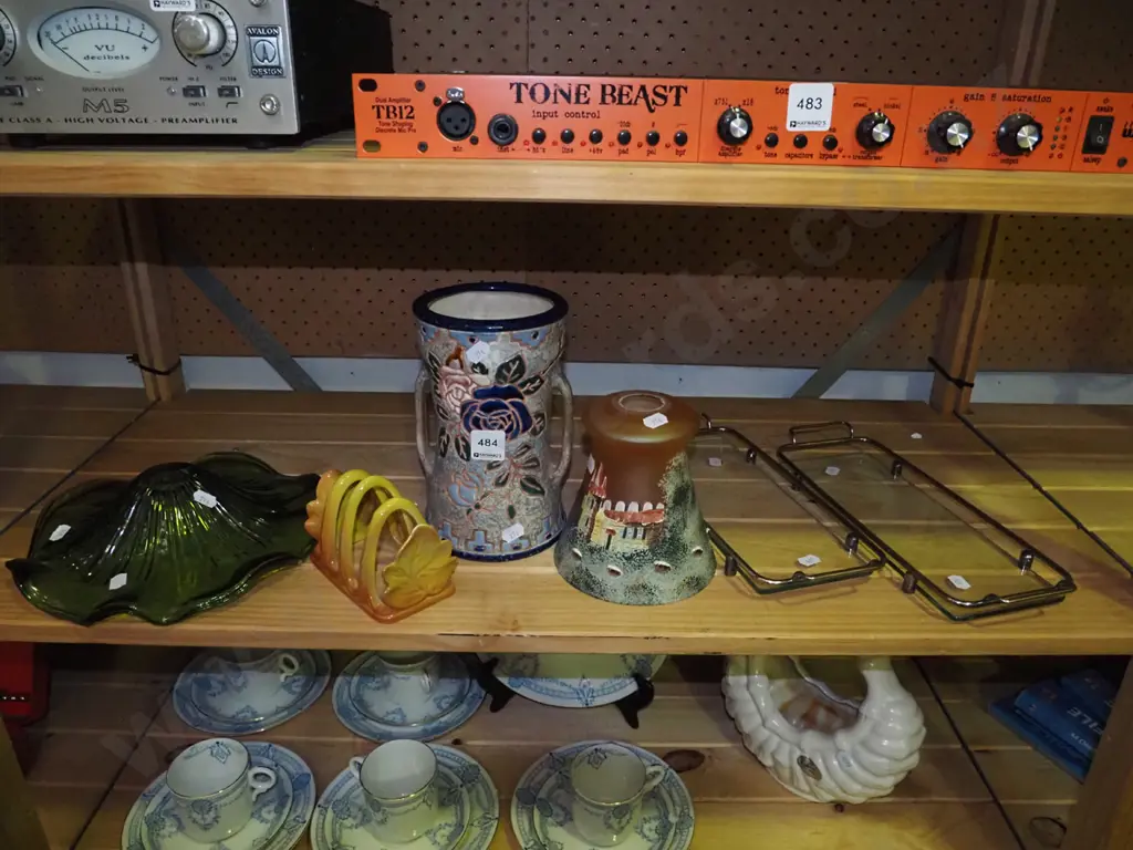 shelf; green glass light shade, Amphora vase - crack, toast rack, glass trays etc Image 1++