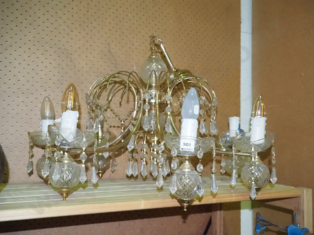 6 bulb brass and glass chandelier Image 1++