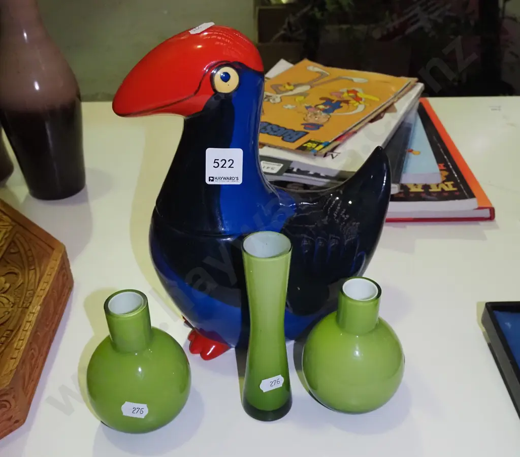 pukeko storage canister, 3 small green glass vases Image 1++
