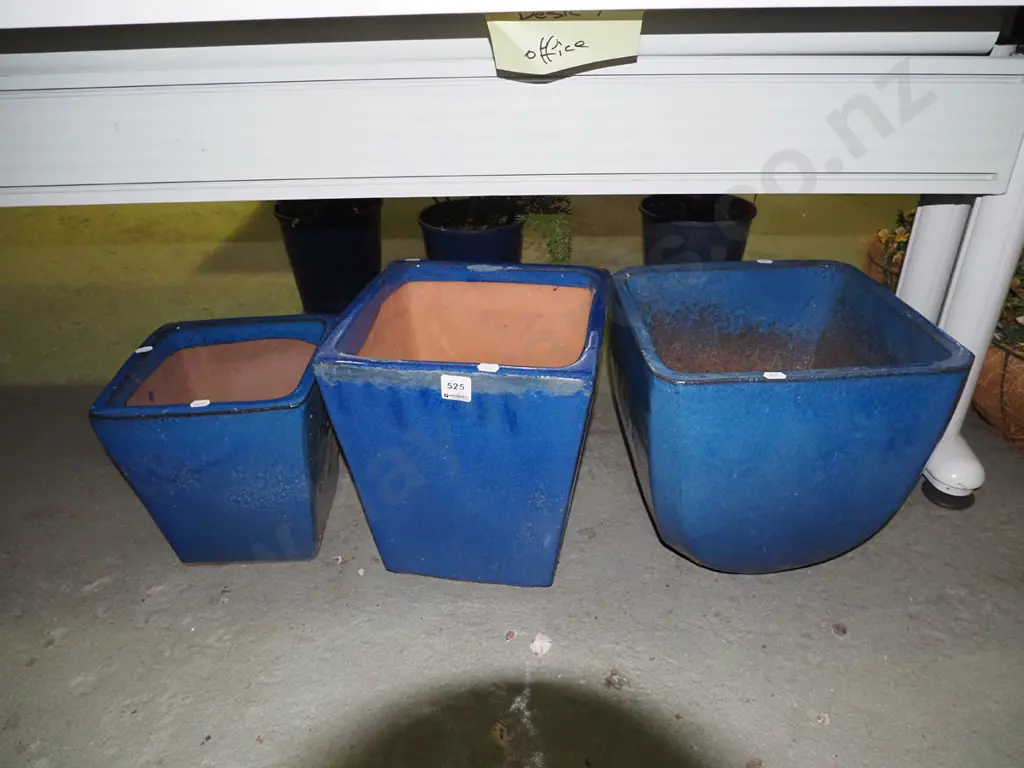 3 blue glazed rectangular planters Tallest H-280 Image 1++