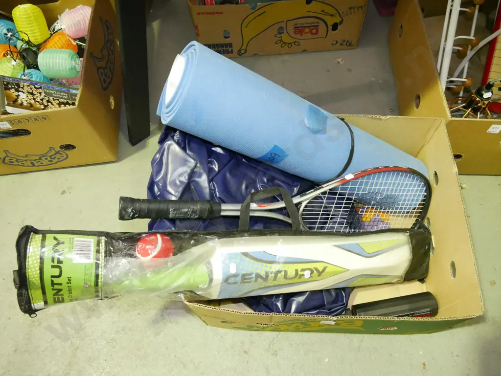 box; bed roll, air bed, tennis racket, cricket set Image 1++