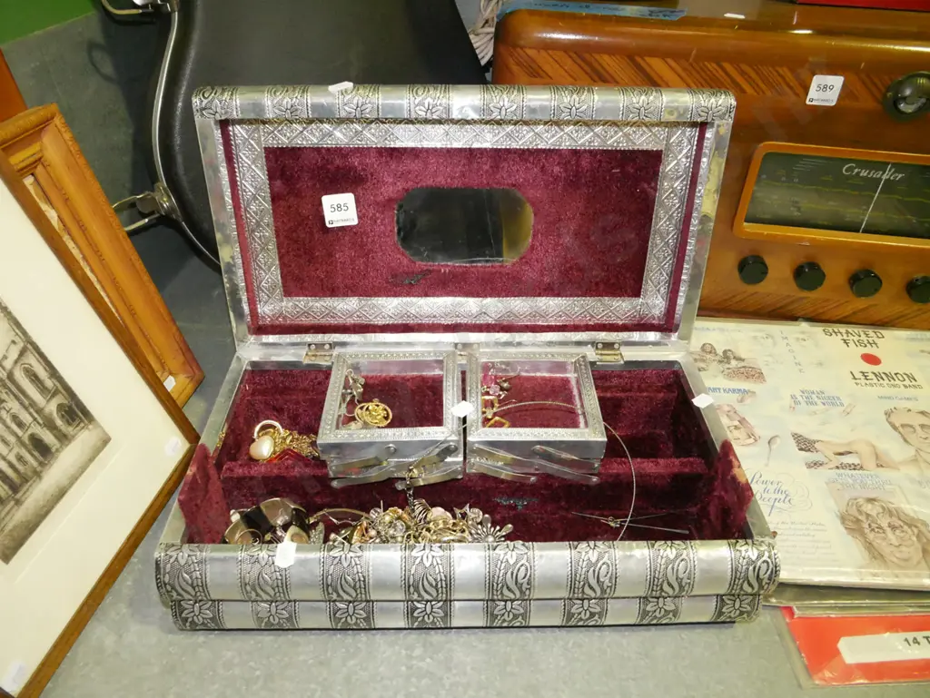 pressed metal jewellery box and contents Image 1++