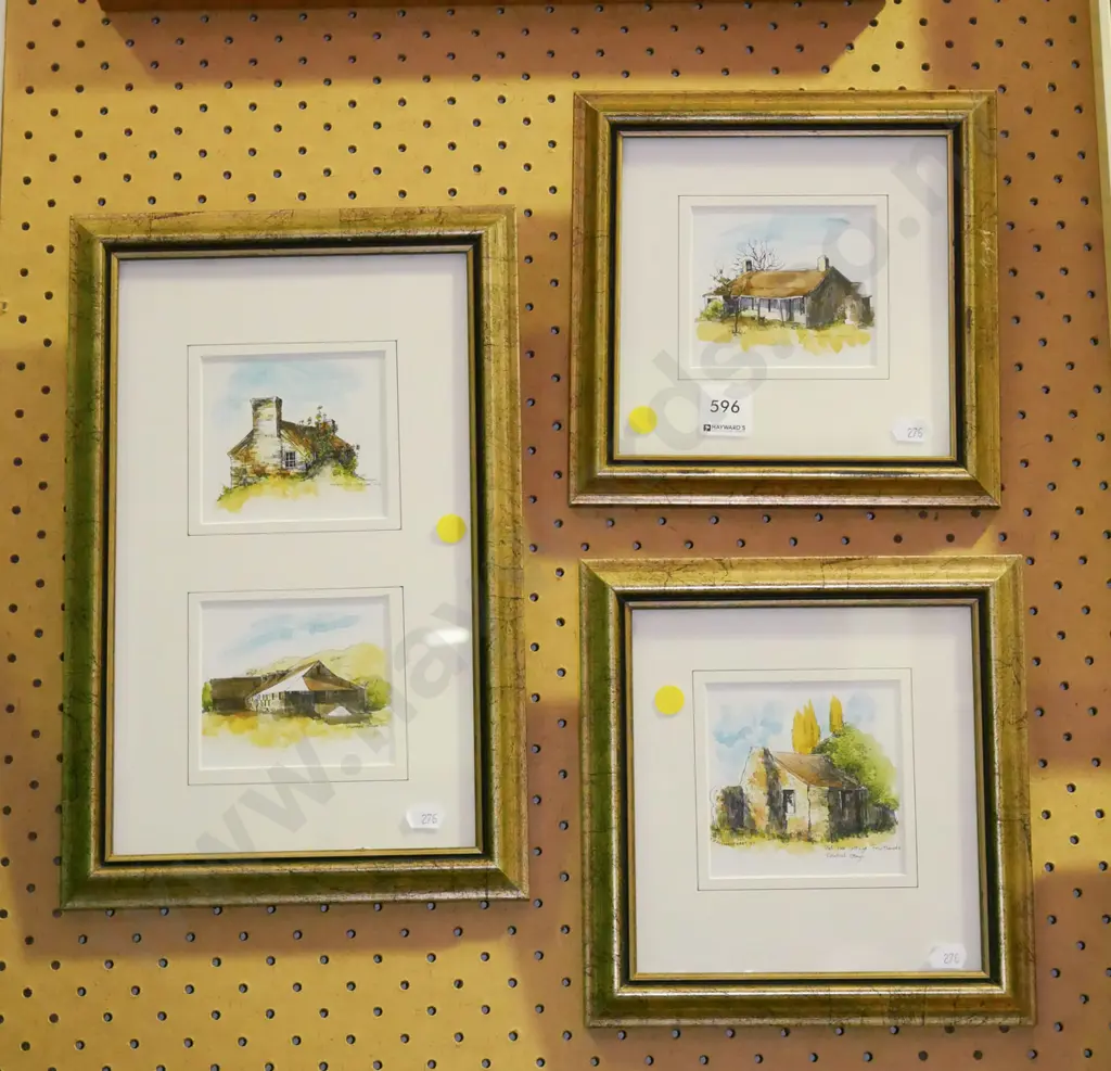 3 small  framed watercolours - buildings - yellow dots Image 1++