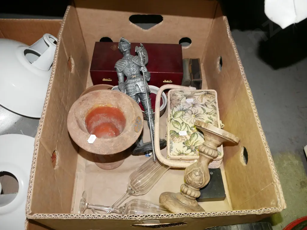 box; sewing box, knight figurine, small jardiniere stands etc Image 1++