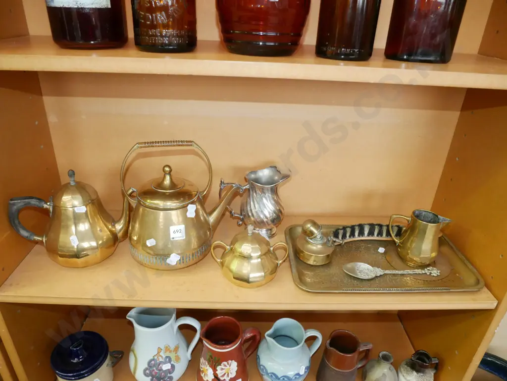 shelf, brass teapots, lidded sugar, jug, tray etc Image 1++