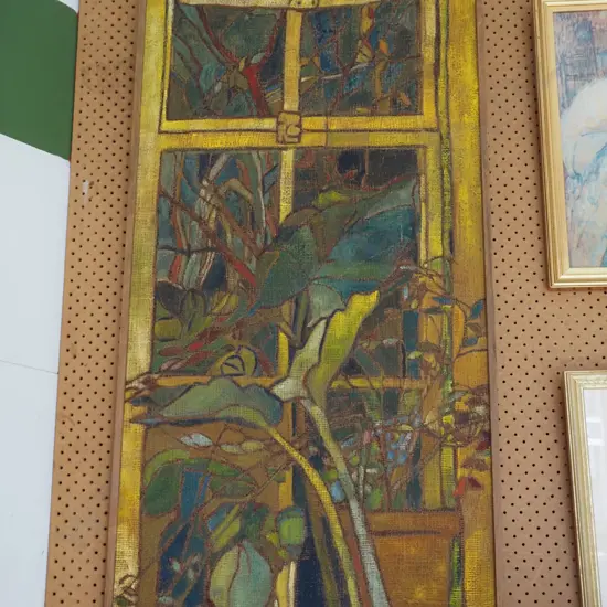 framed oil on hessian - indoor plants