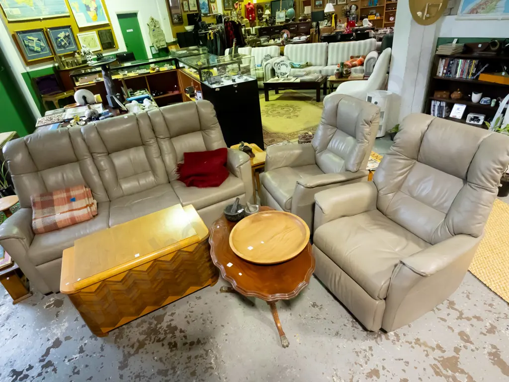 grey/beige leather 3 piece lounge suite - 3 seater and 2x rocker swivel reclining chairs Image 1++