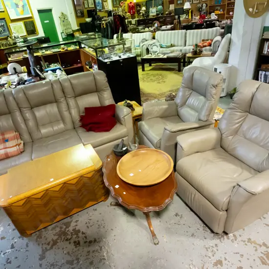 grey/beige leather 3 piece lounge suite - 3 seater and 2x rocker swivel reclining chairs