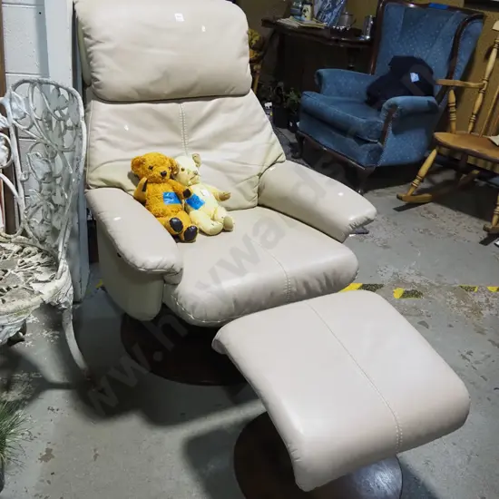 vinyl upholstered armchair with footstool - slight discolouration