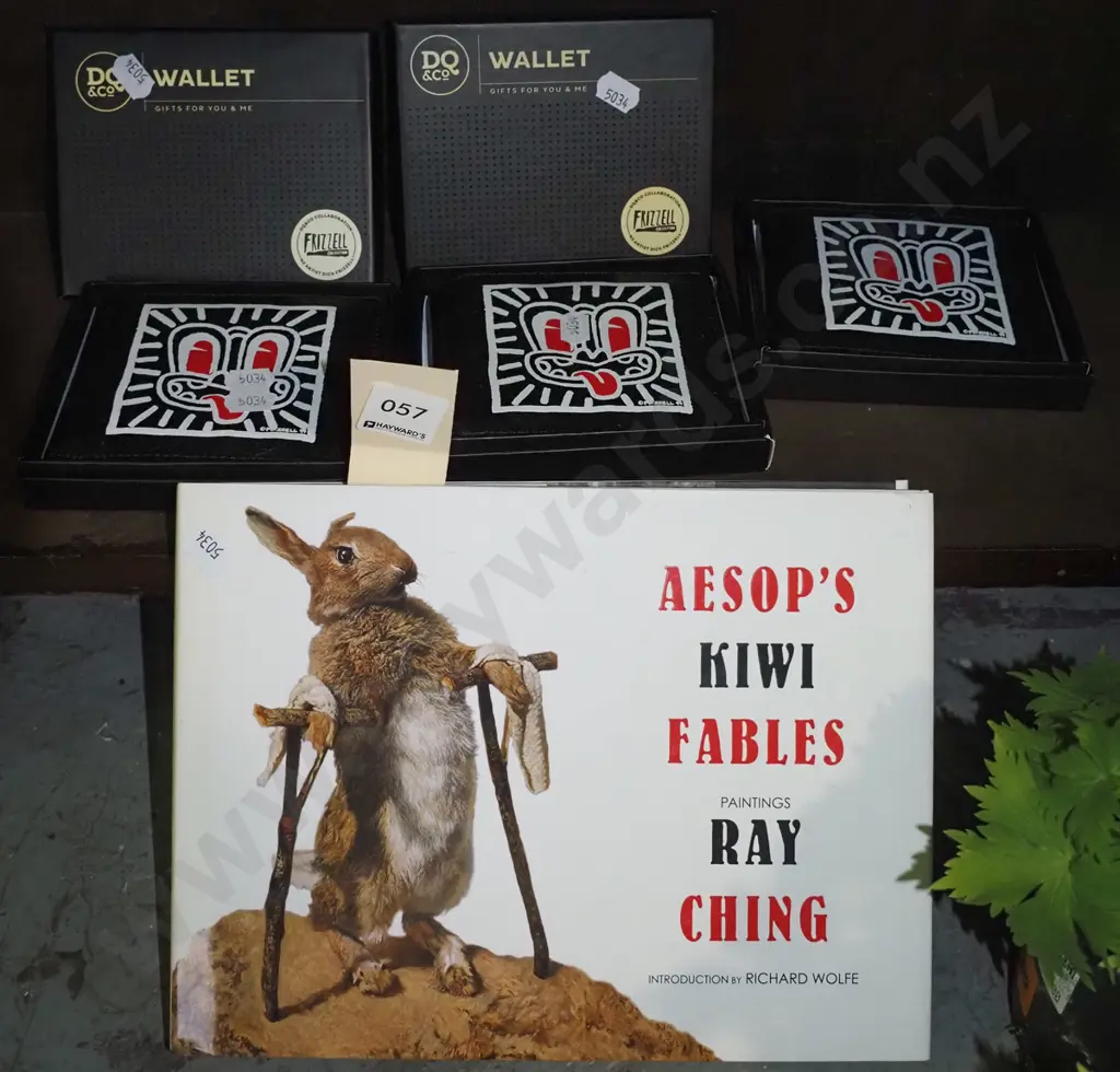 Dick Frizzell branded wallets, Ray Ching Kiwi Aesops Fables book Image 1++