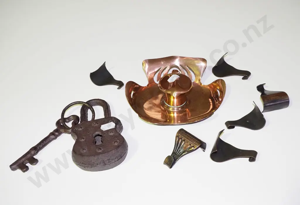 reproduction padlock, picture hooks, art nouveau copper inkwell Image 1++