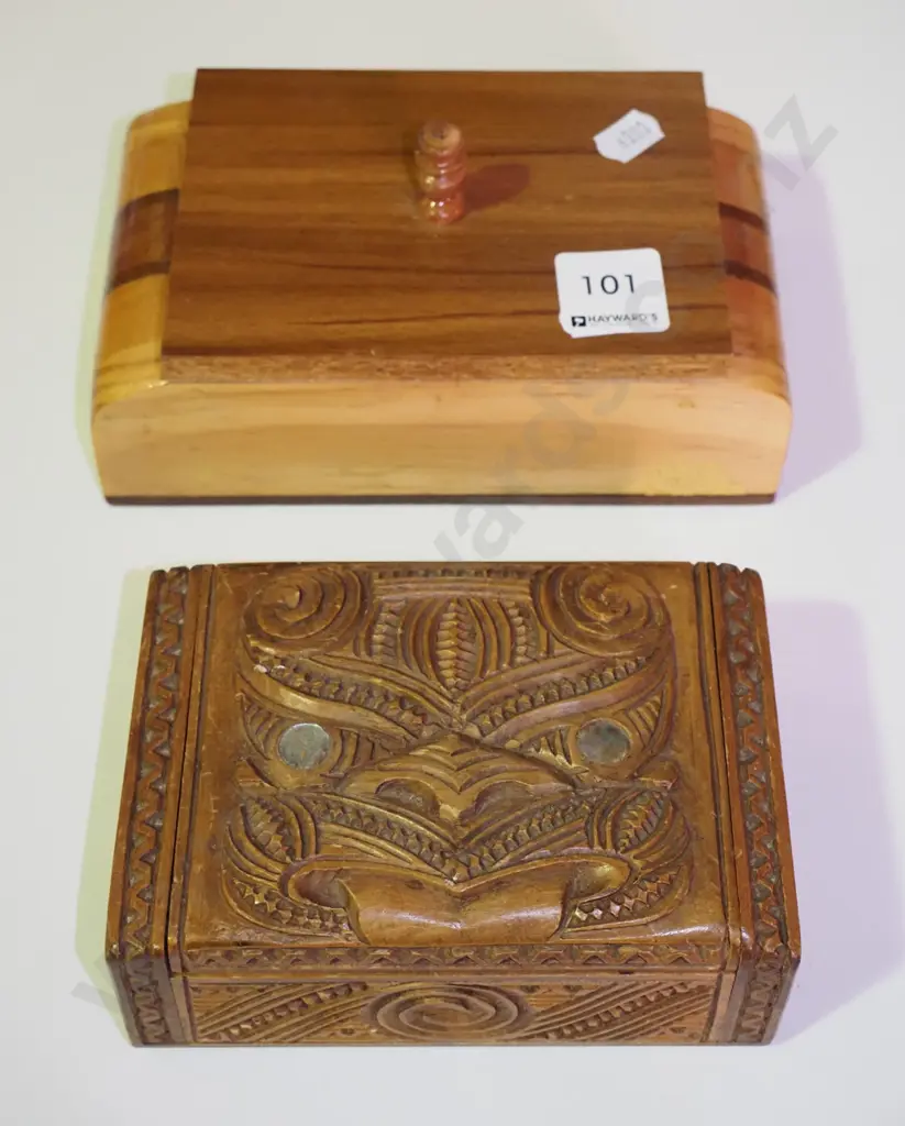 mixed timber trinket box, wooden box with Maori motif Image 1++