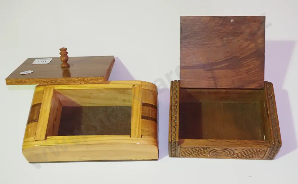 mixed timber trinket box, wooden box with Maori motif Image 1++