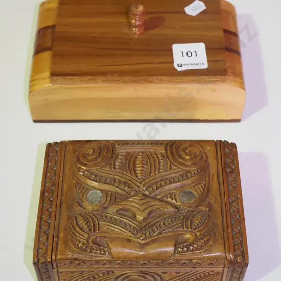 mixed timber trinket box, wooden box with Maori motif