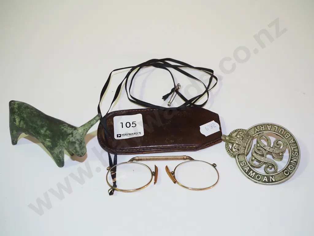 vintage glasses, Samoan constabulary badge, tiny cast iron bull figurine Image 1++