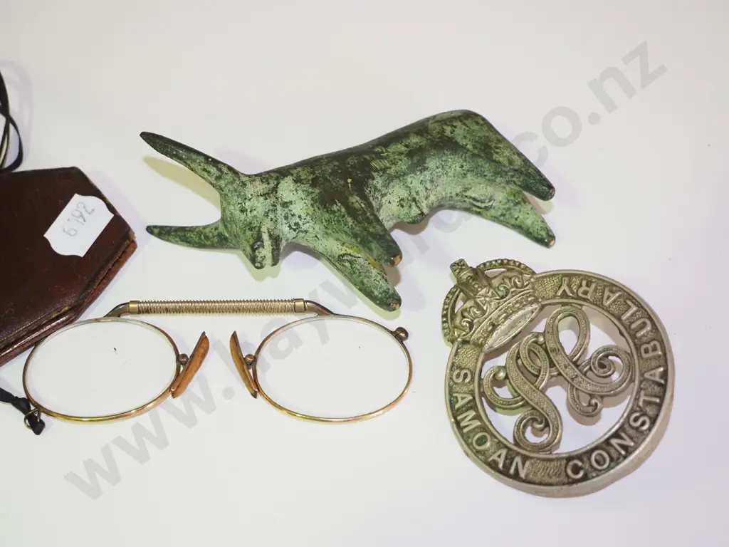 vintage glasses, Samoan constabulary badge, tiny cast iron bull figurine Image 1++