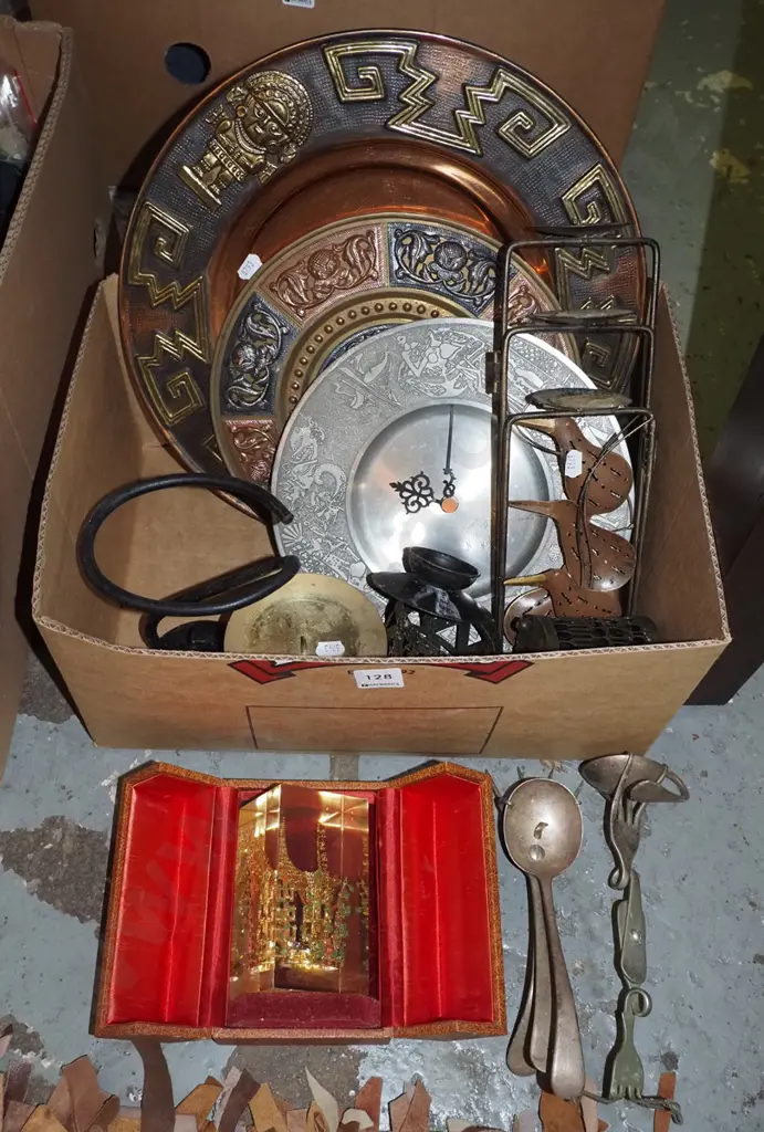 box; brass and copper wall chargers, tea candle stands, wall clock etc Image 1++
