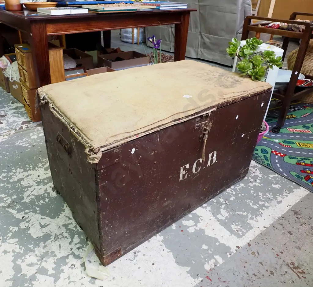 large vintage travellers trunk with hessian upholstered top Image 1++
