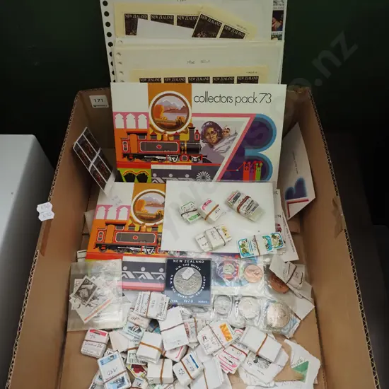 box; various stamps and coins