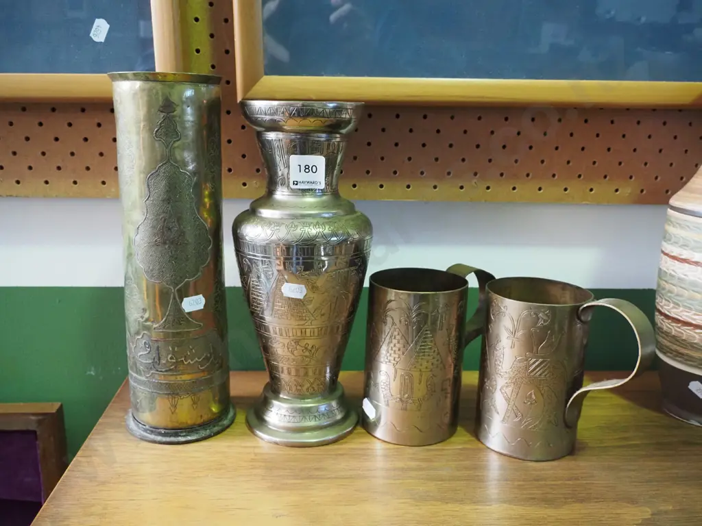 2x brass tankards, 2 x brass vases Tallest H-280 Image 1++