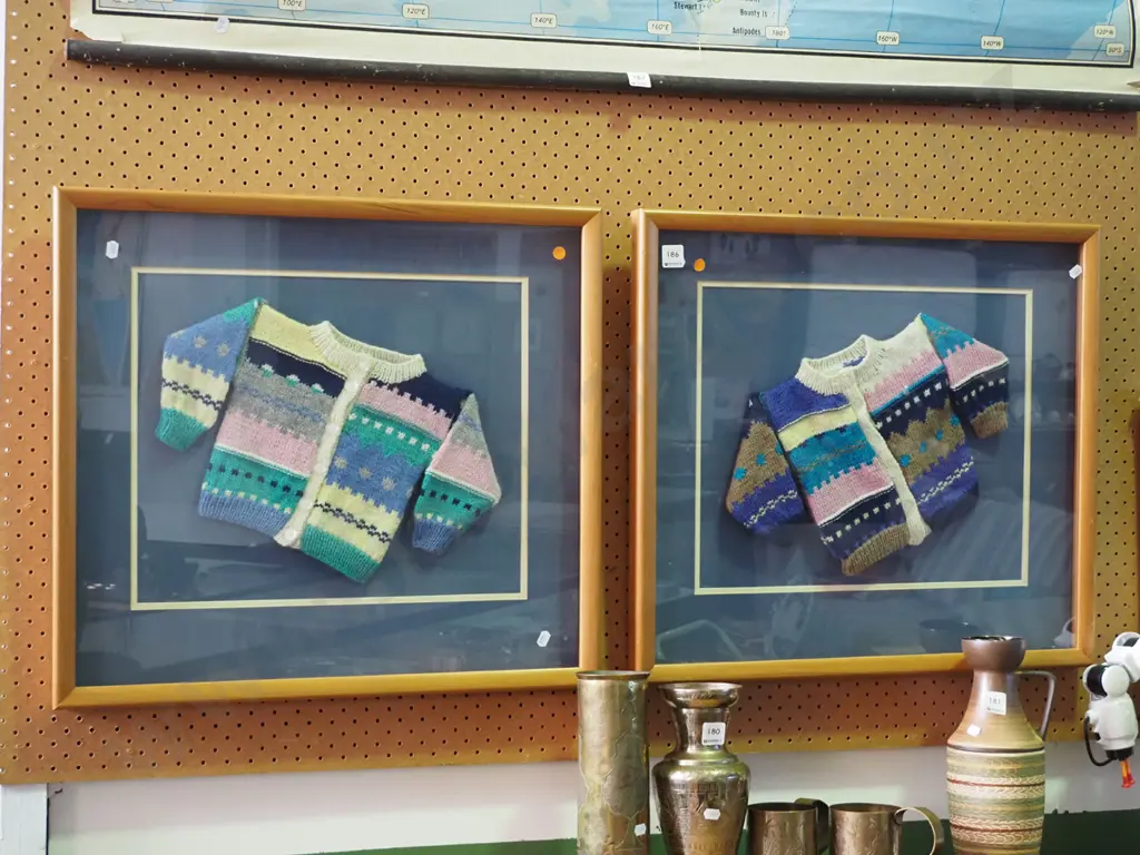 2x children's hand knitted jerseys in frames Image 1++