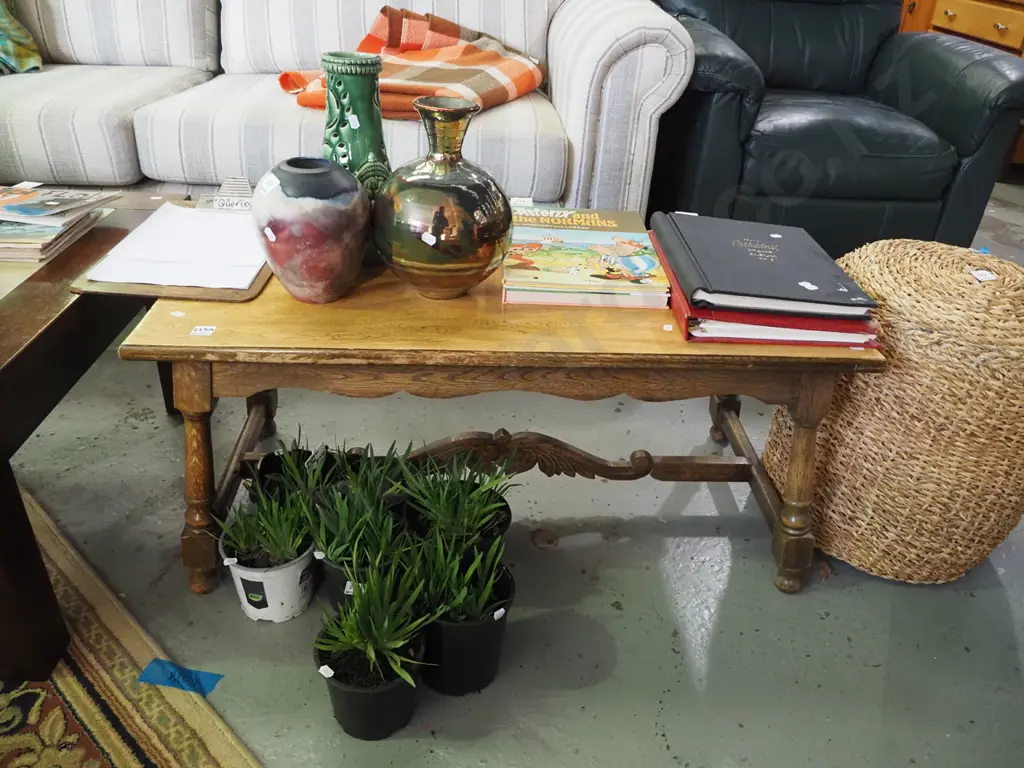 retro oak stretcher base coffee table Image 1++