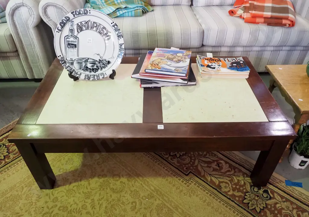 dark wooden coffee table with 2 large tile insets H-400 W-1230 D-710 Image 1++