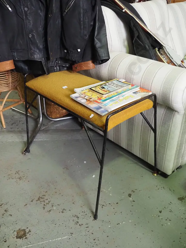 retro metal and mustard upholstered small bench seat H-580 W-790 D-360 Image 1++