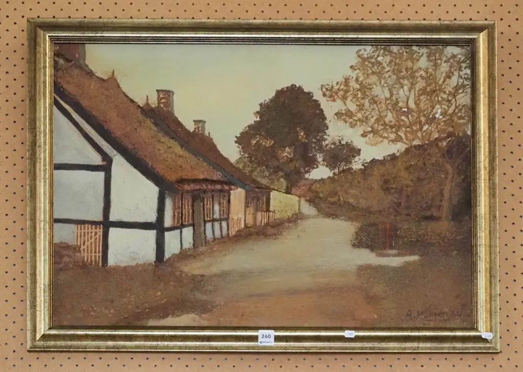 A Hansen '64 - framed oil on board- cottages Image 1++