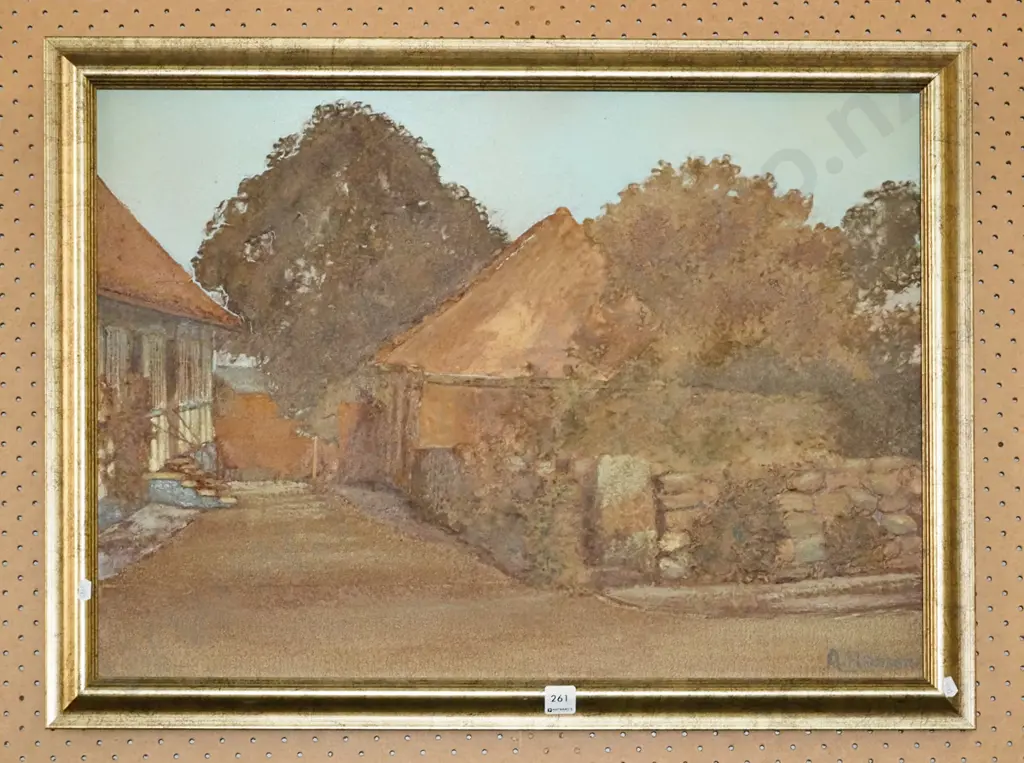 A Hansen '64 - framed oil on board - house and barn Image 1++