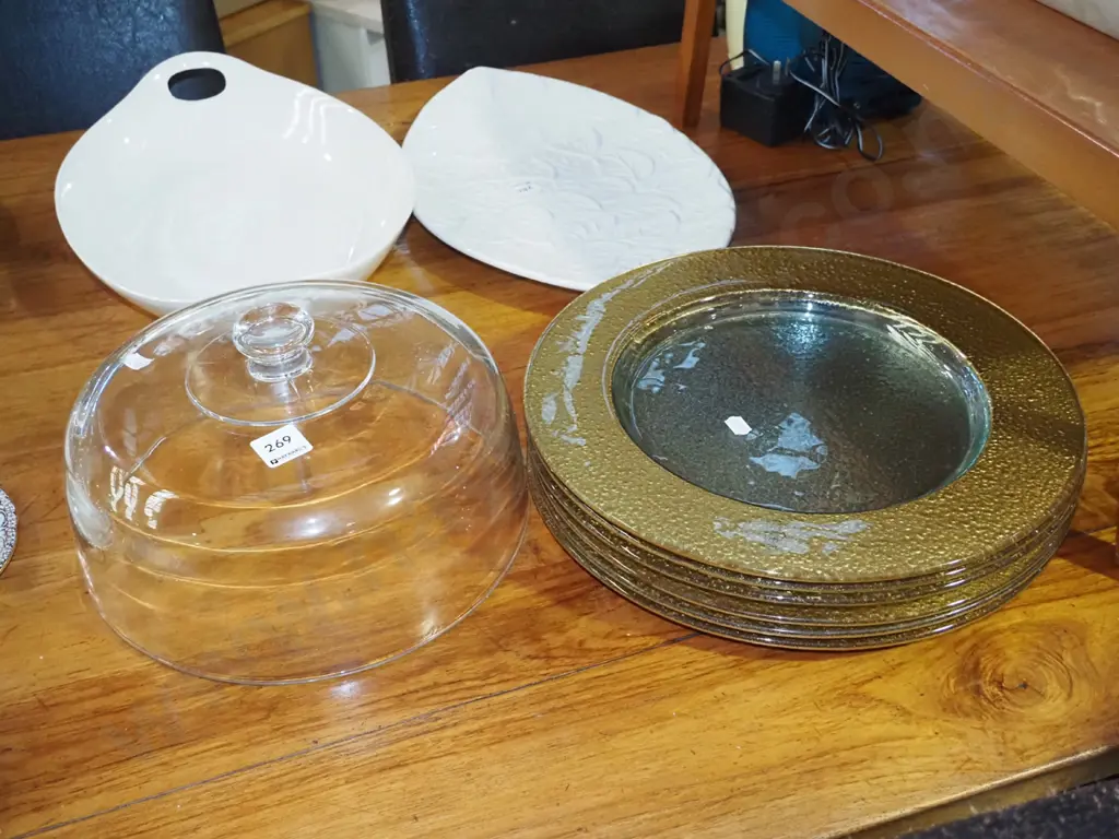 6x large gold and bubble glass dining plates, glass cover dome Image 1++