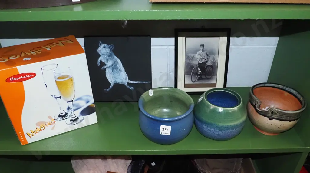 shelf; wine glasses, bowls, acrylic on canvas, photograph Image 1++