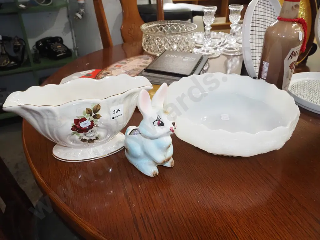 opaque footed glass bowl, red rose vase, rabbit vase Image 1++