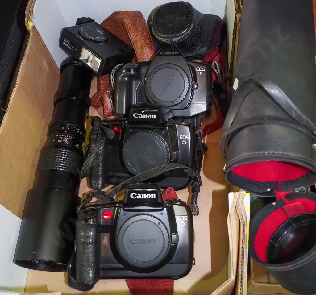 box of 3 Canon EOS film cameras, old lens etc. Image 1++