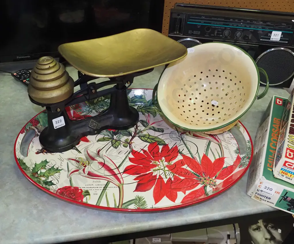 large tray, colander and vintage scales Image 1++