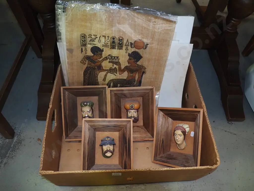 box: Egyptian papyrus painting, photographic prints, ceramic 3d wall plaque etc. Image 1++
