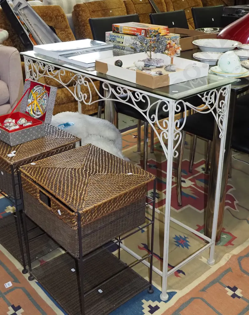 wrought metal glass topped hall table H800 L950 D330 Image 1++