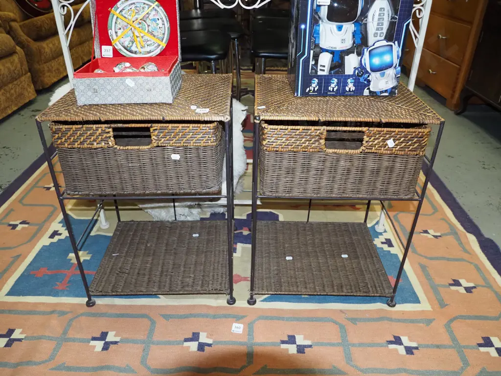 2 cane and metal bedside cabinets w/basket-drawers Image 1++