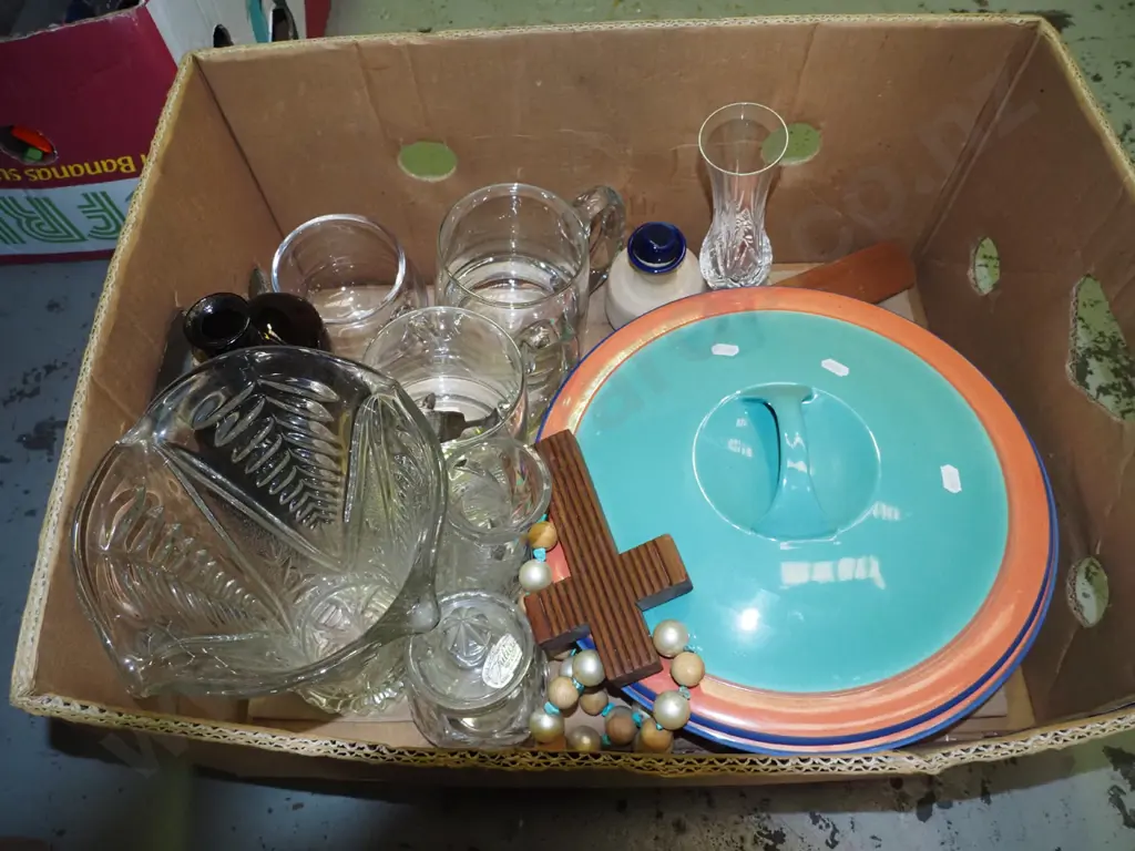 box; crucifix, glass beer mugs, Temuka lidded vege etc Image 1++
