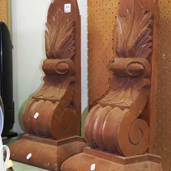 2x ornate carved wooden corbels H-500