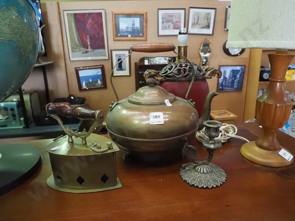 copper kettle, vintage hot coal iron, plated candlestick Image 1++