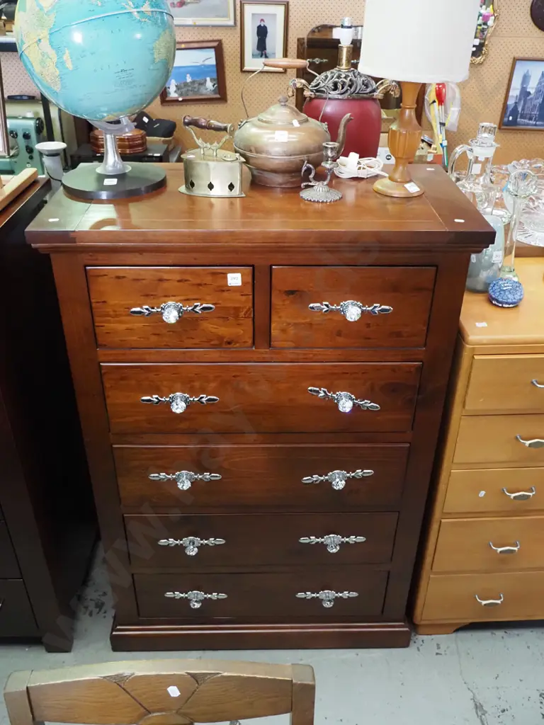solid pine 6 drawer tall boy - original handles with decorative cut glass and chrome handles  Image 1++