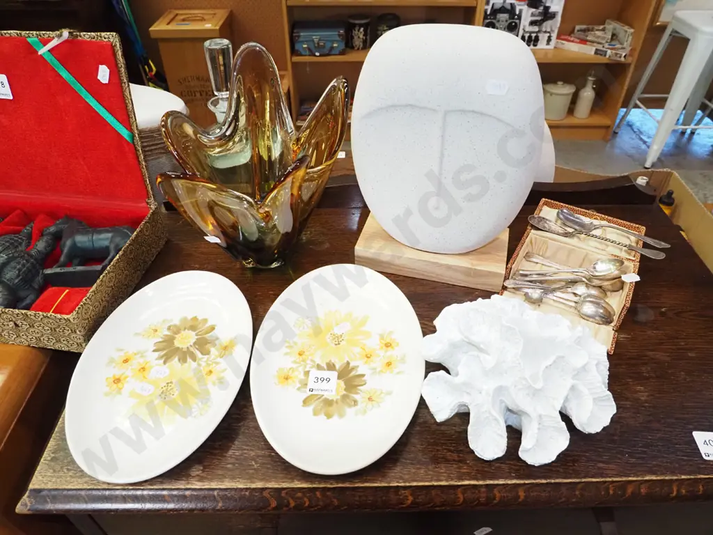 amber glass vase, Crown Lynn plates, teaspoons, ornament etc Image 1++