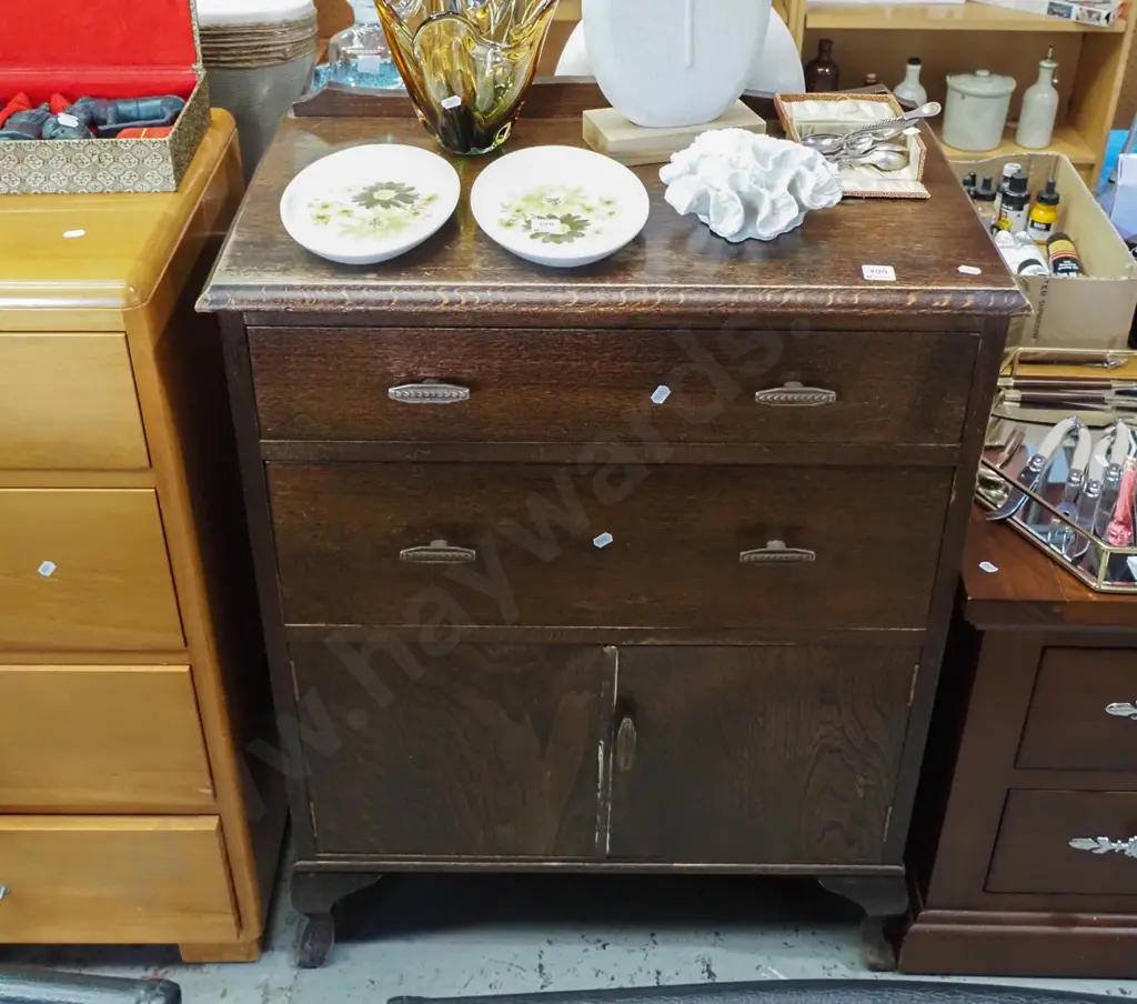 oak dark stained 2 drawer 2 door cupboard H-880 W-680 D-400 Image 1++