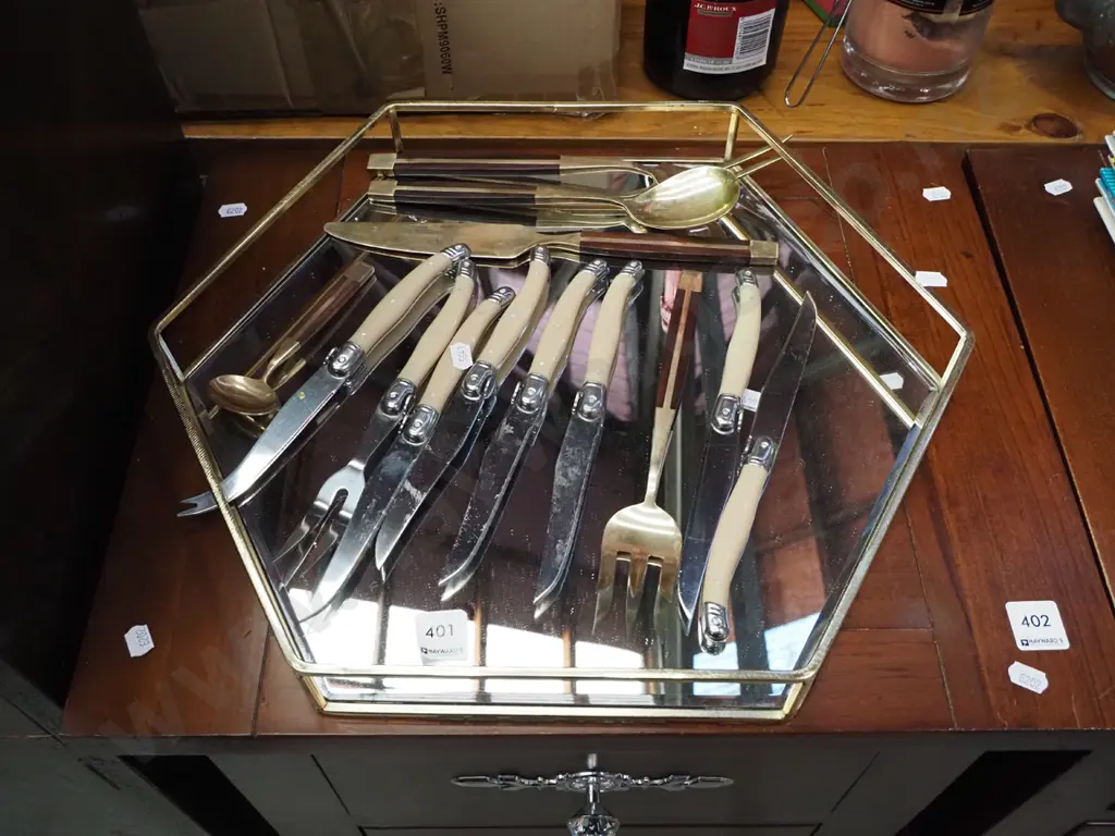 octagonal brass and glass tray , steak knives etc Image 1++